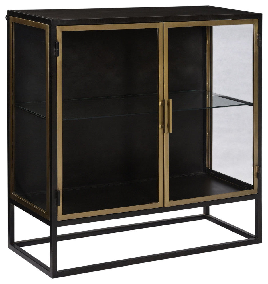Brynlee 36" Gunmetal and Brass Finished Iron and Glass 2-Door Sideboard
