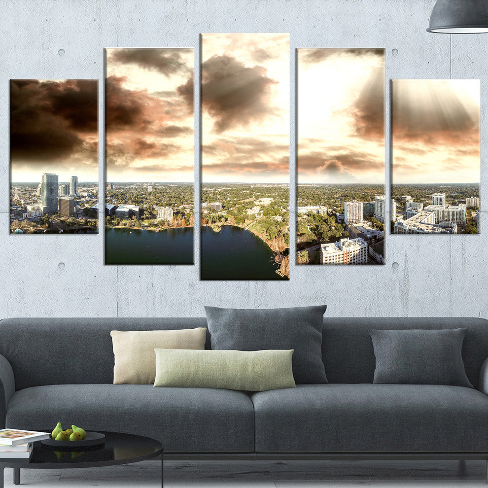 "Downtown Orlando Sunset Aerial" Seascape Art Canvas, 5 Panels, 60"x32"