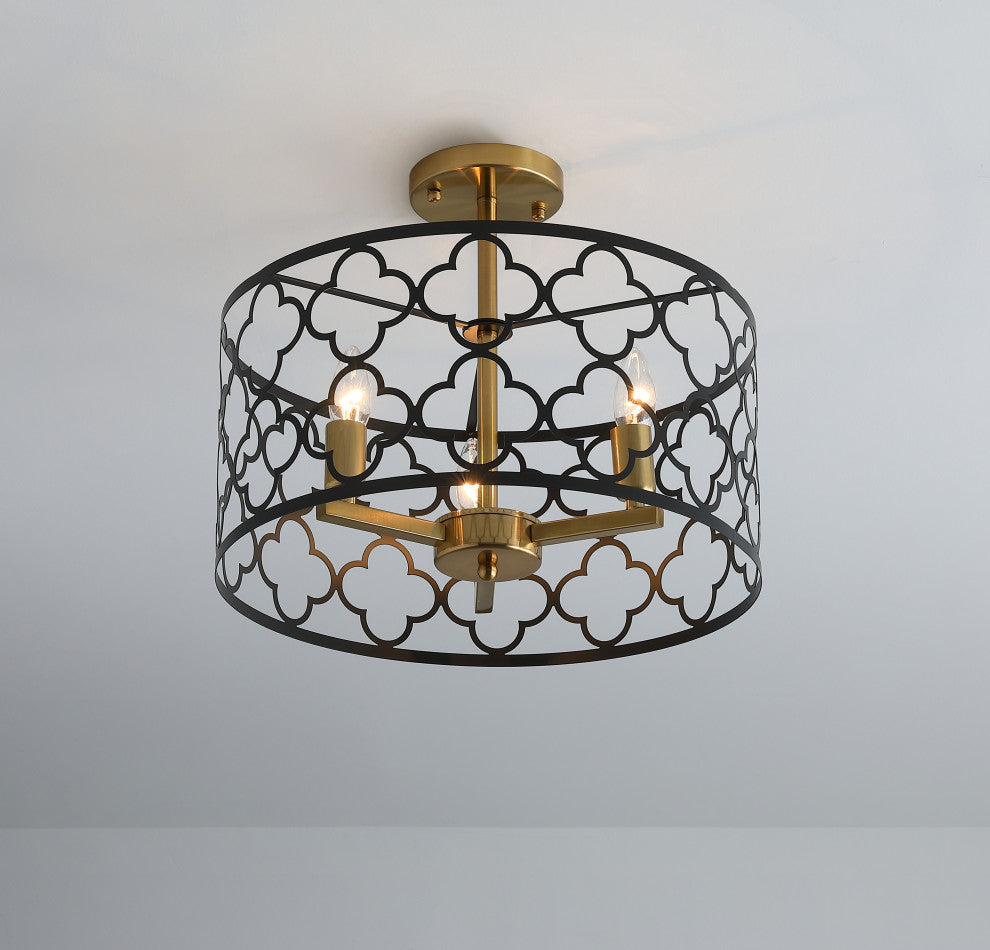 3-Light Geometric Metal Frame Drum Shape Semi Flush Mount Lighting