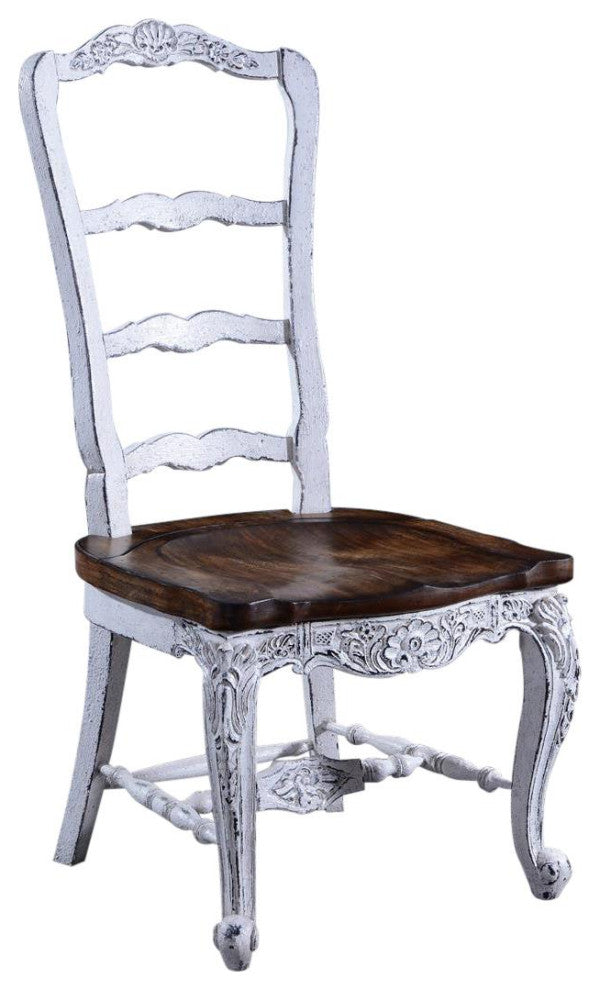 Side Chair Dining French Country Farmhouse White Wood, Floral Carved