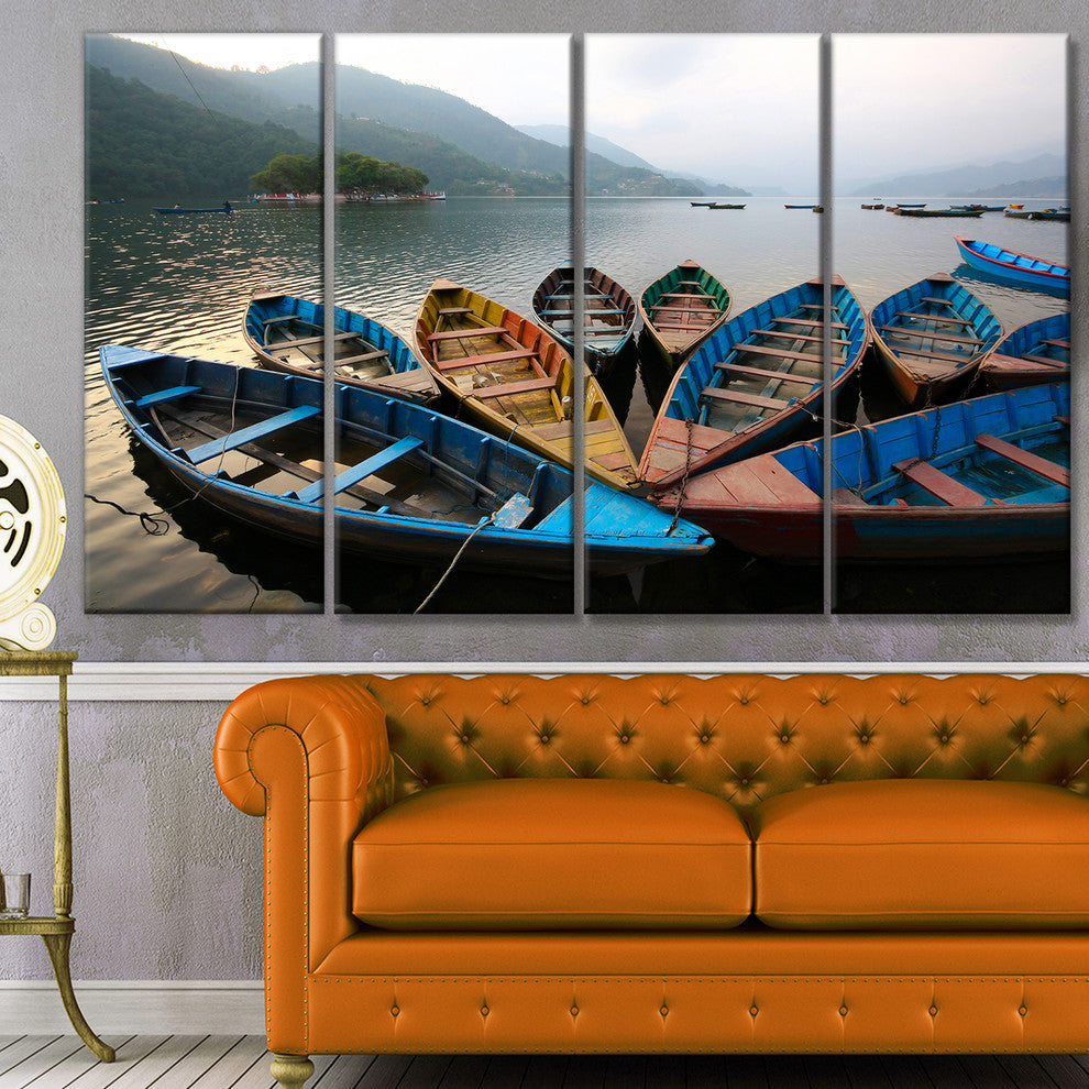 Beautiful Boats in Phewa Lake, Boat Canvas Art Print, 48"x28", 4 Panels