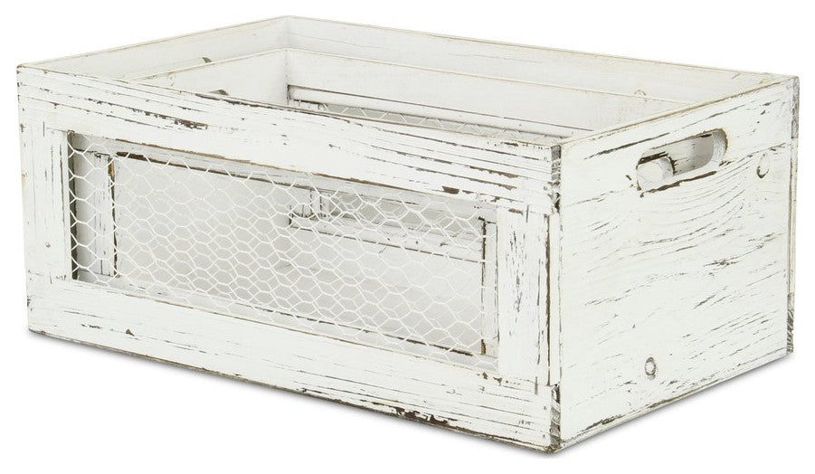 Set of Two Rustic Whitewash Chicken Wire Sides Wooden Crates