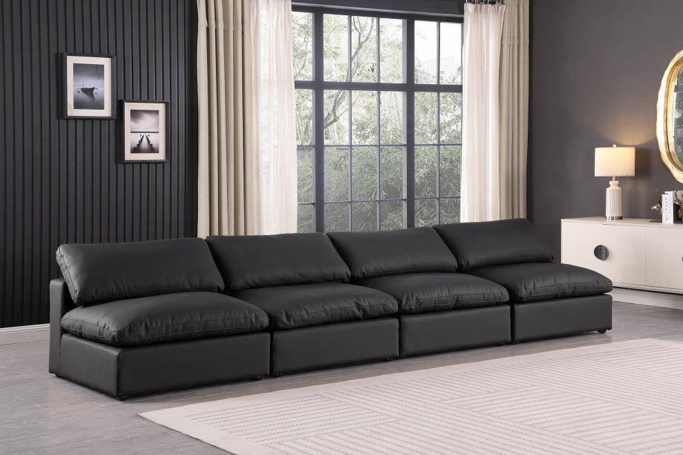 Comfy Upholstered Modular Sofa, Black, 4-Piece: 4 Armless Chair, Vegan Leather