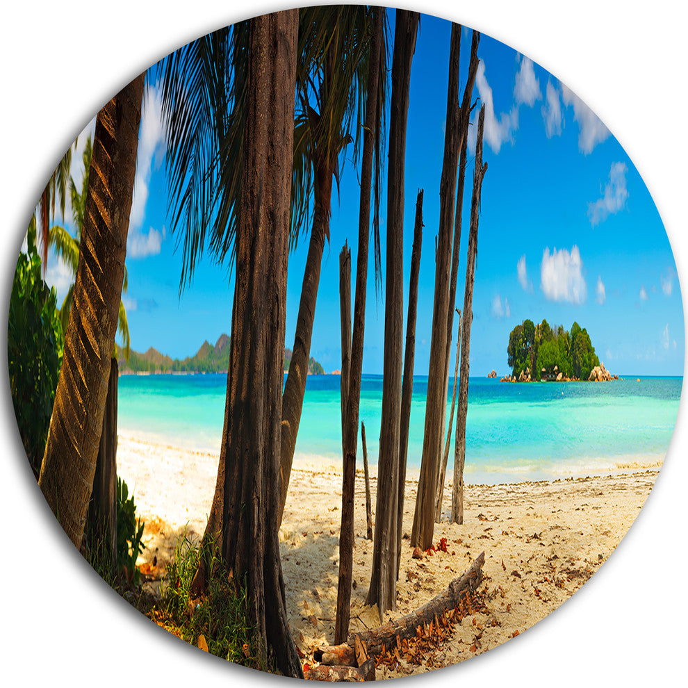 Praslin Island Tropical Beach Panorama, Seascape Disc Metal Art, 36"