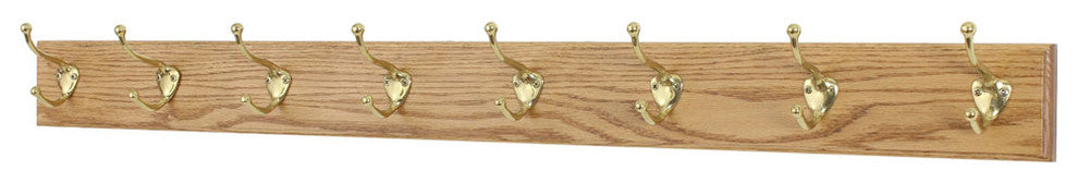 Solid Oak Wall Coat Rack, Brass Hooks, Golden Oak, 52"x3.5", 10-Hooks