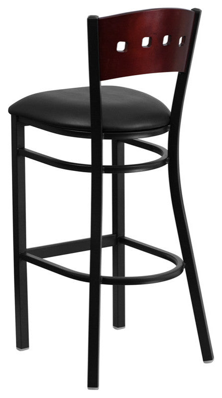 Black 4 Square Back Metal Barstool, Mahogany Wood Back, Black Vinyl Seat