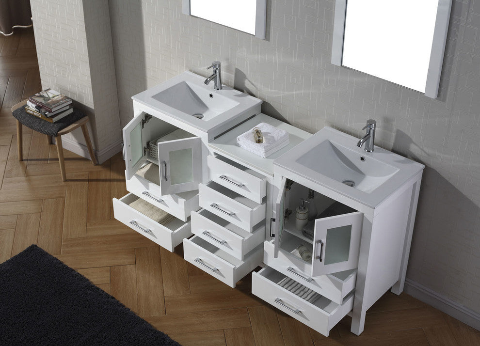 Virtu Dior 66" Double Bathroom Vanity, White, Polished Chrome Faucet, Mirrors