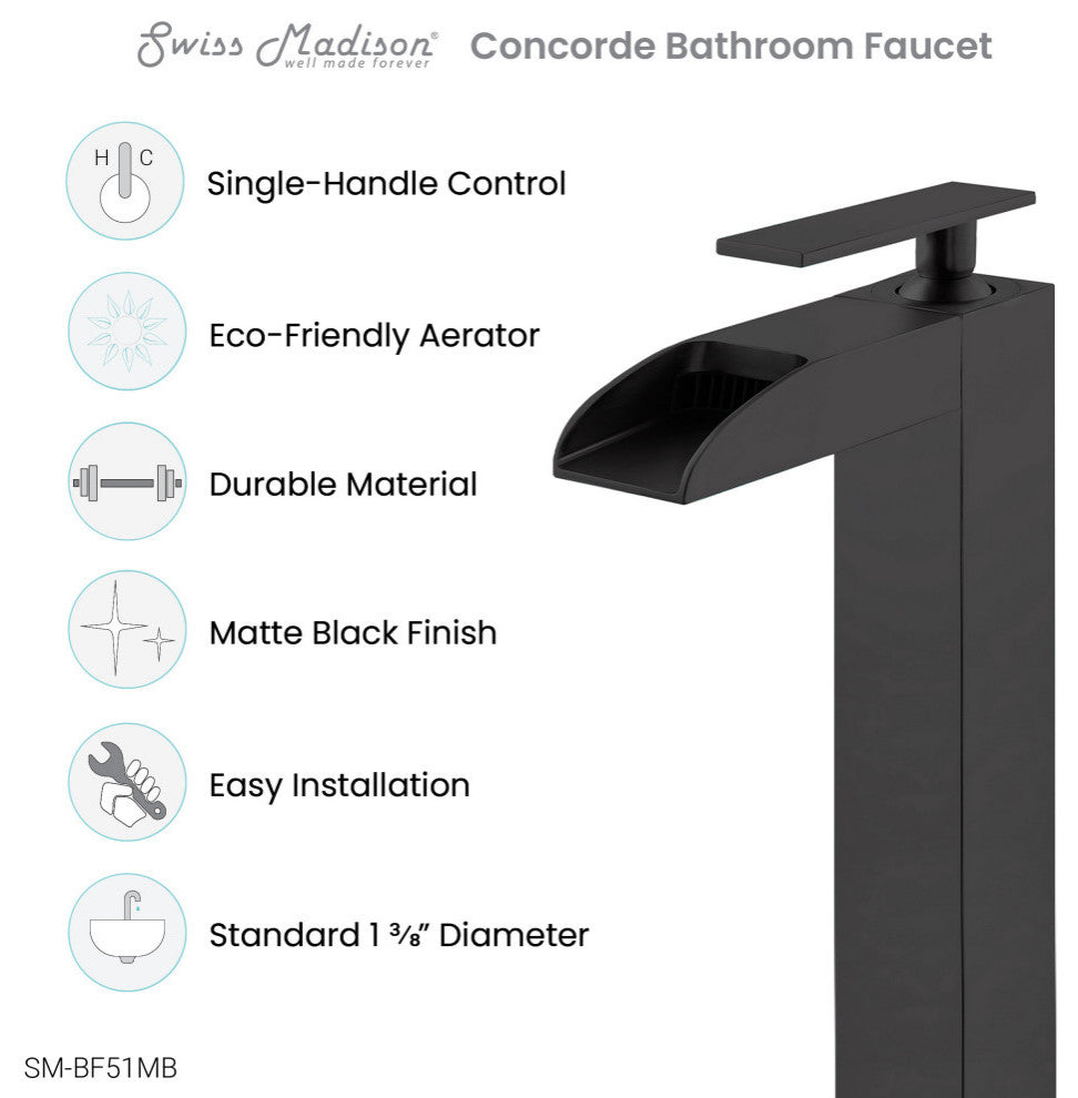 Concorde Single HoleHigh Arc Waterfall Bathroom Faucet, Matte Black