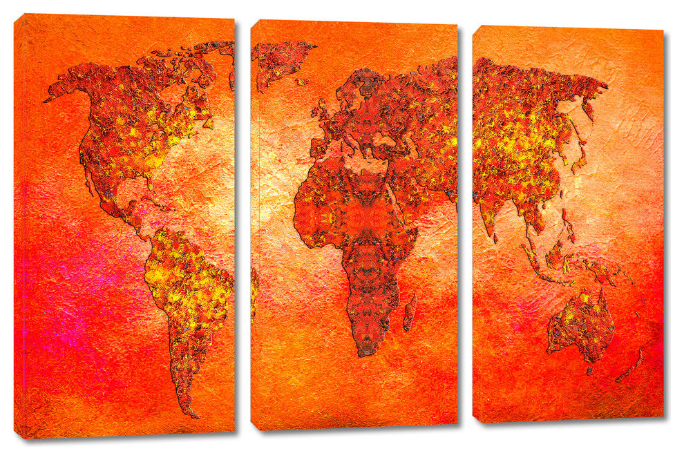 Orange-Red World Map Canvas Print Wall Art, 3 Panel Split, Triptych, 6