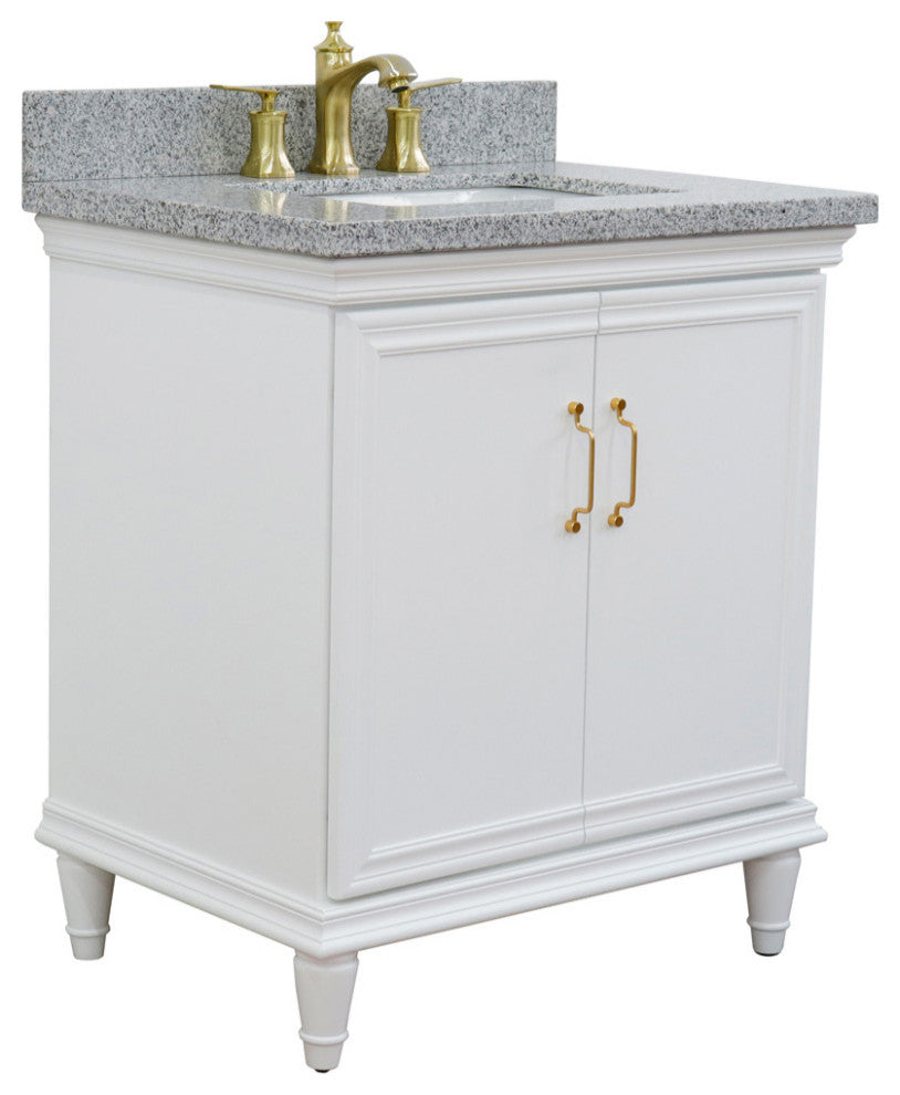 31" Single Vanity, White Finish With Gray Granite And Rectangle Sink