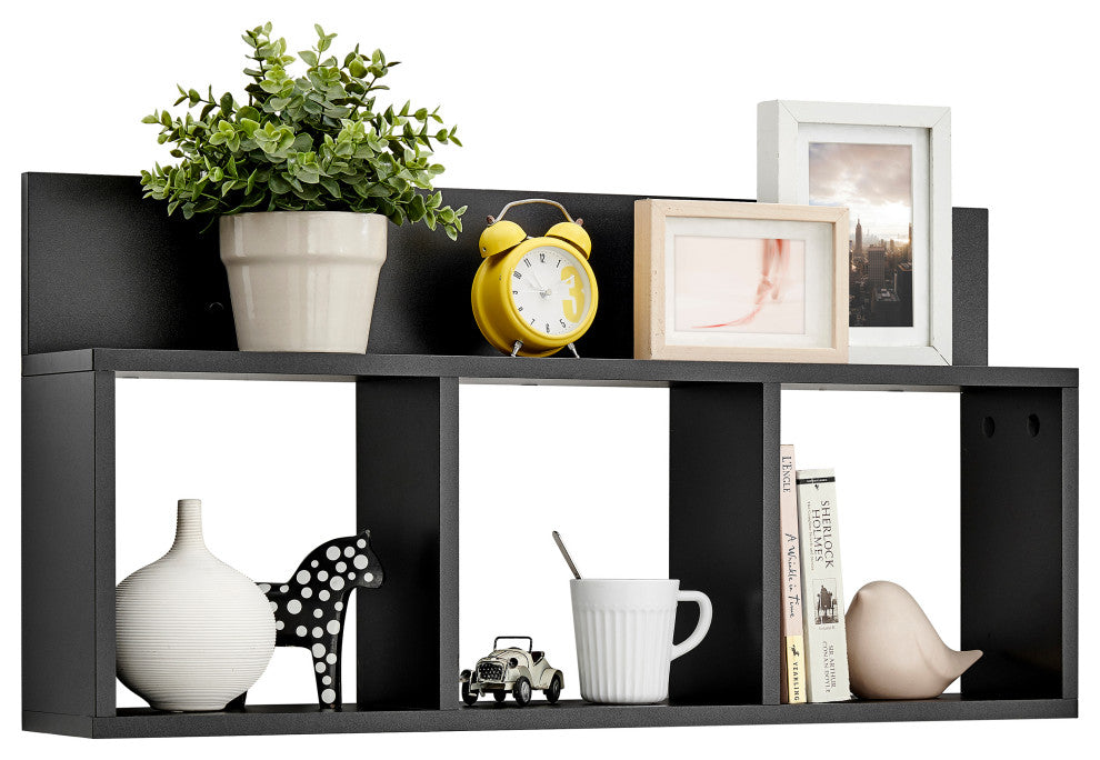 Danya B. Modern 3 Cube Floating Wall Shelf With Display Ledge, Black