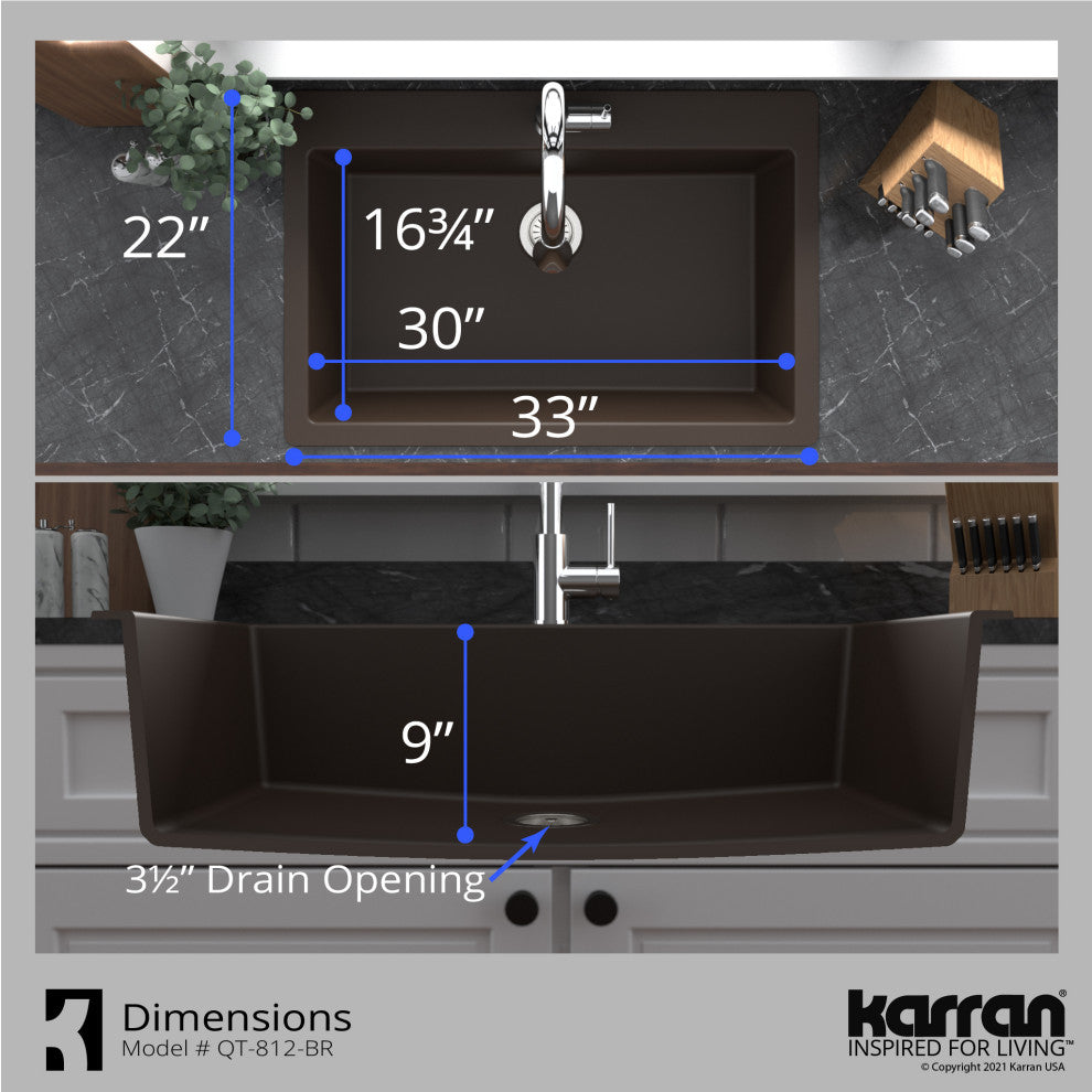 Karran QT-812 Top Mount 33" Large Single Bowl Quartz Kitchen Sink, Brown