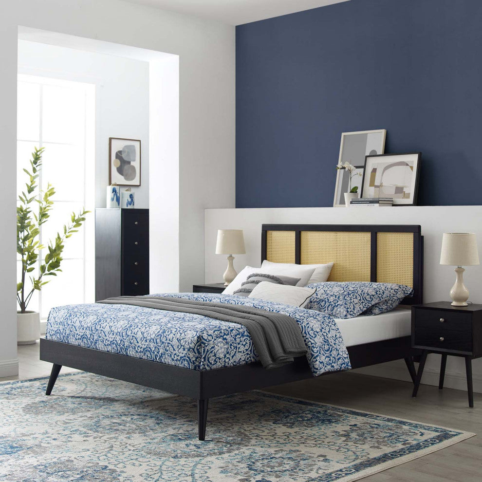 Platform Bed Frame, Full Size, Wood, Black, Modern Mid-Century, Bedroom Master