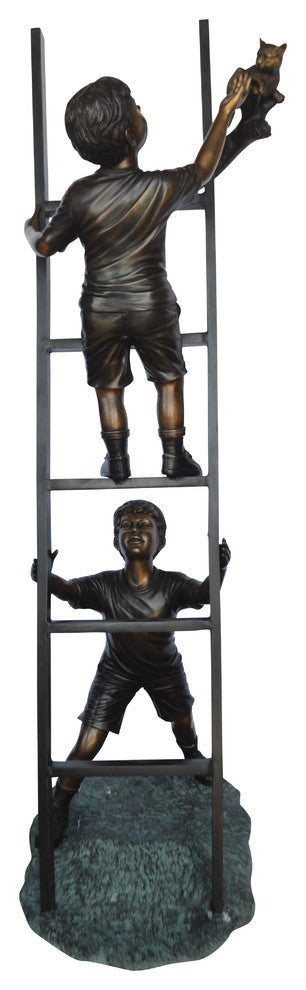 Two Kids Climb a Ladder Saving a Cat Bronze Statue -  Size: 35"L x 24"W x 81"H
