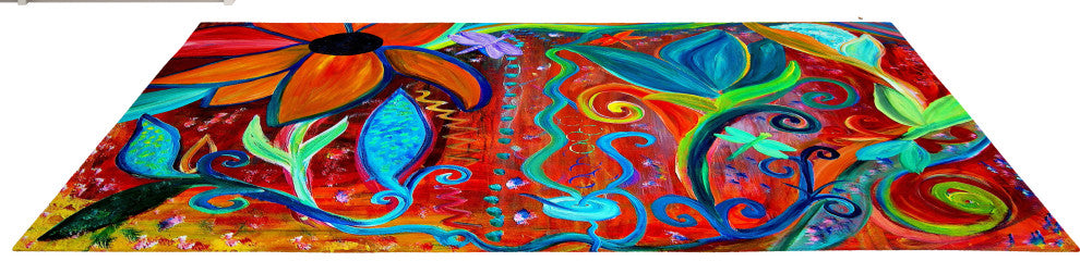 Chenille indoor area rugs size 96"w x 60" h, Floral Orange Blue Intuitive Art
