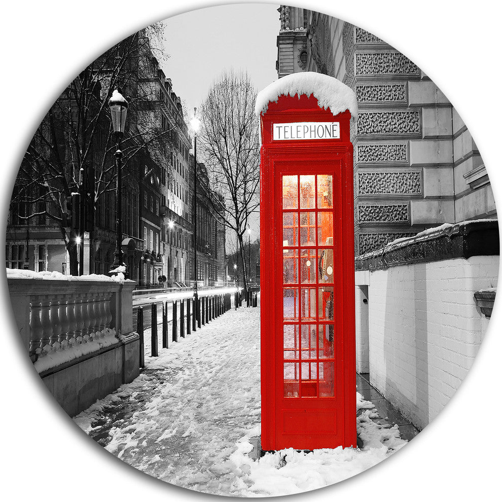 Red London Telephone Booth, Cityscape Large Disc Metal Wall Art, 11"