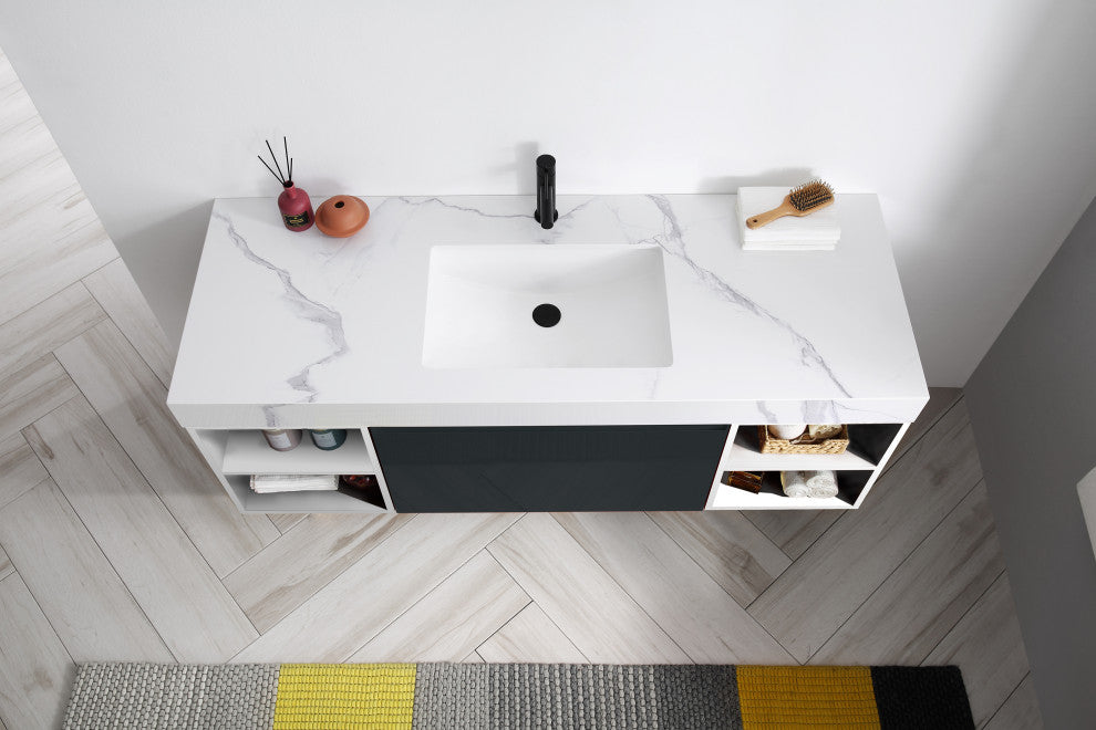 Manarola Matte Black with Thick Quartz Wall Mount Vanity, Open Shelf, 60"