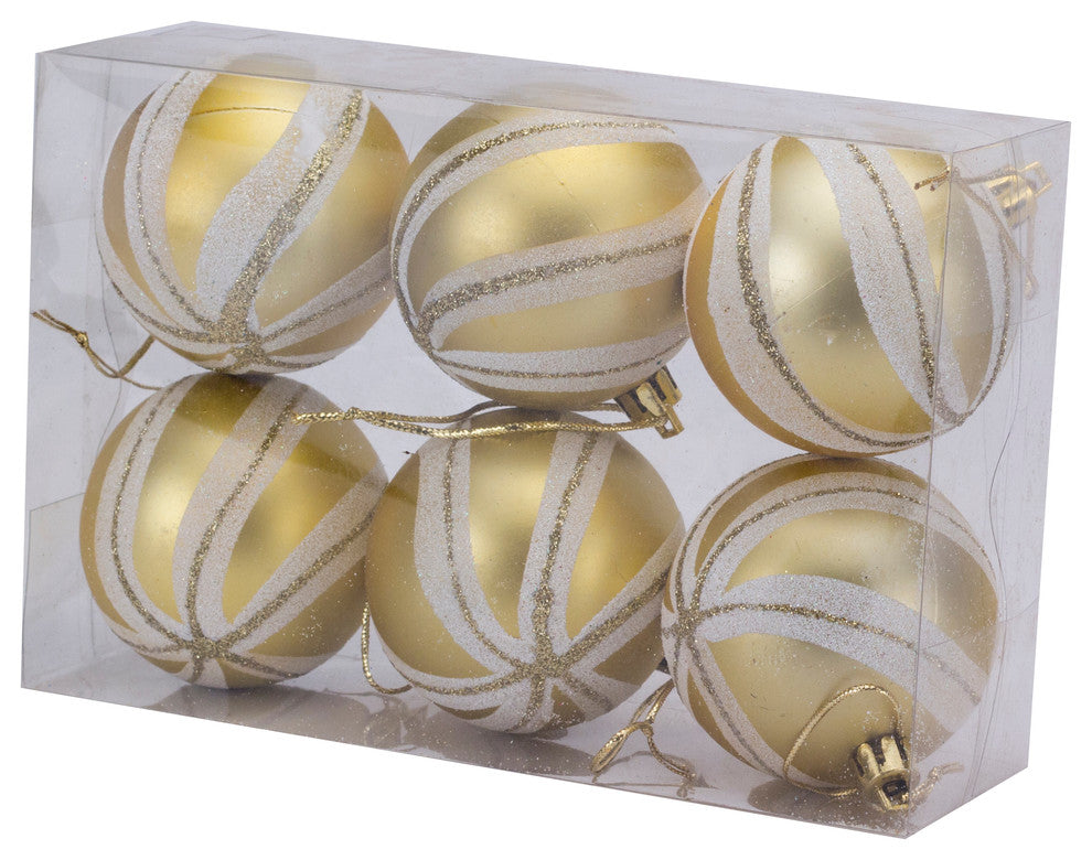 2.36" Gold Matte Ornament With Gold And White Glitter Sprial Stripes, 6 Pack