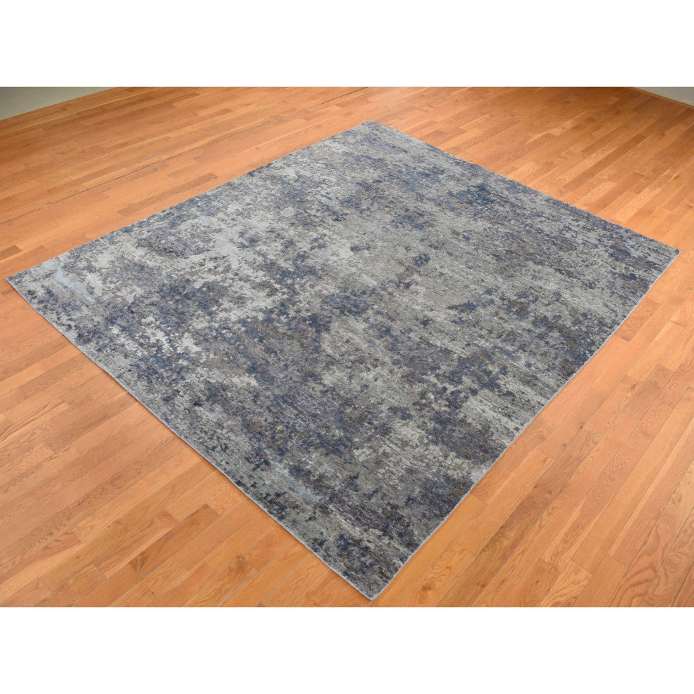 Gray Modern Abstract Design Wool and Silk Hand Knotted Rug 7'10" x 9'9"