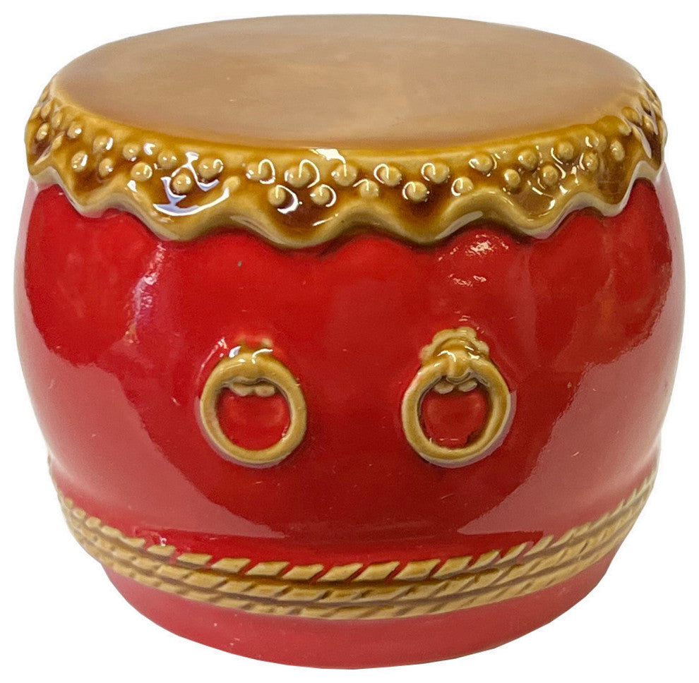 Chinese Red Ceramic Small Traditional Drum Shape Display Hws3071