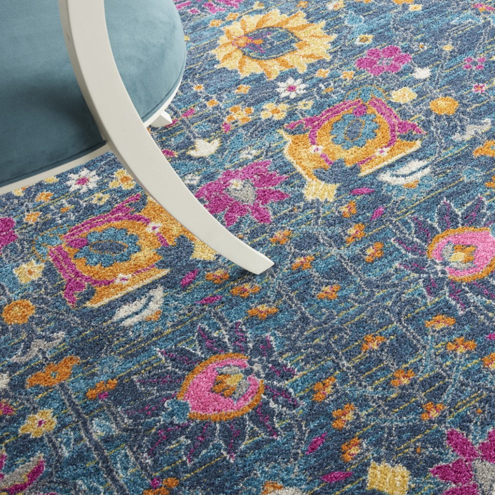 8 Round Denim Blue Florals Distressed Area Rug
