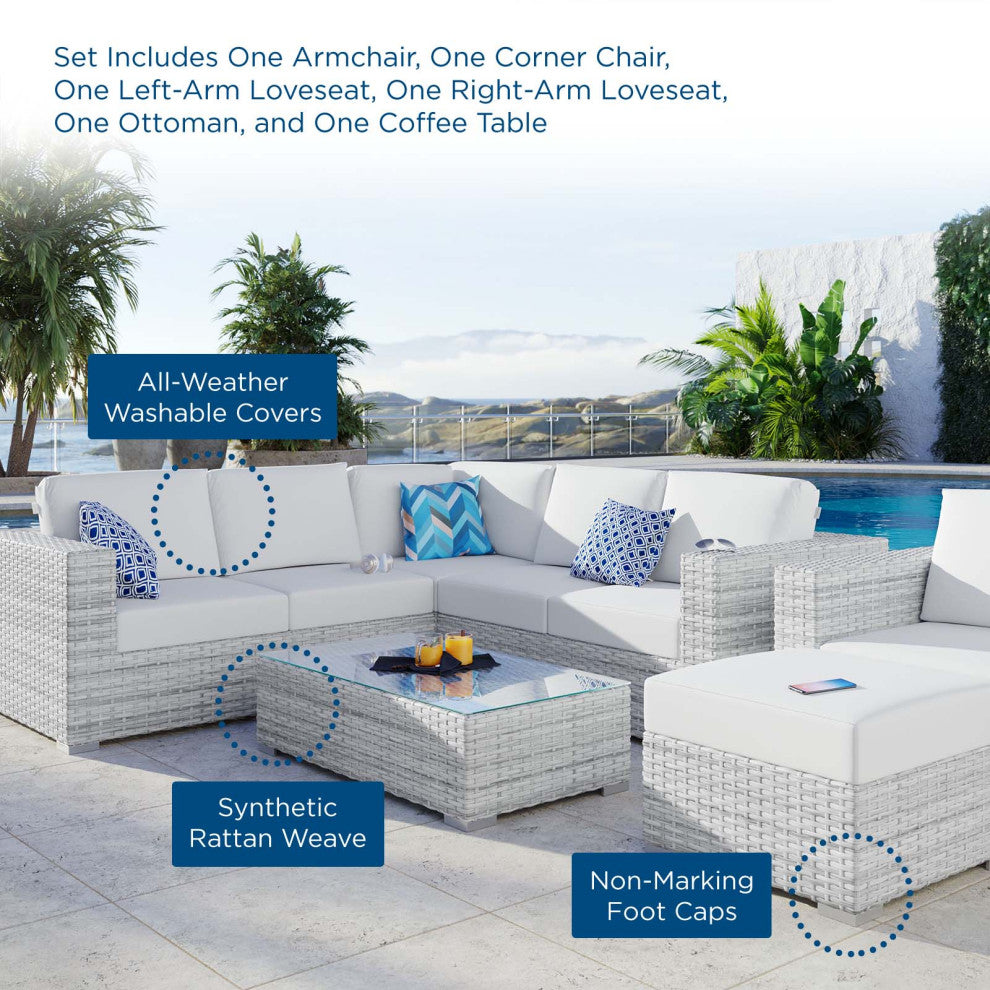 Lounge Sectional Sofa Chair Set, Rattan, Wicker, Gray White, Outdoor
