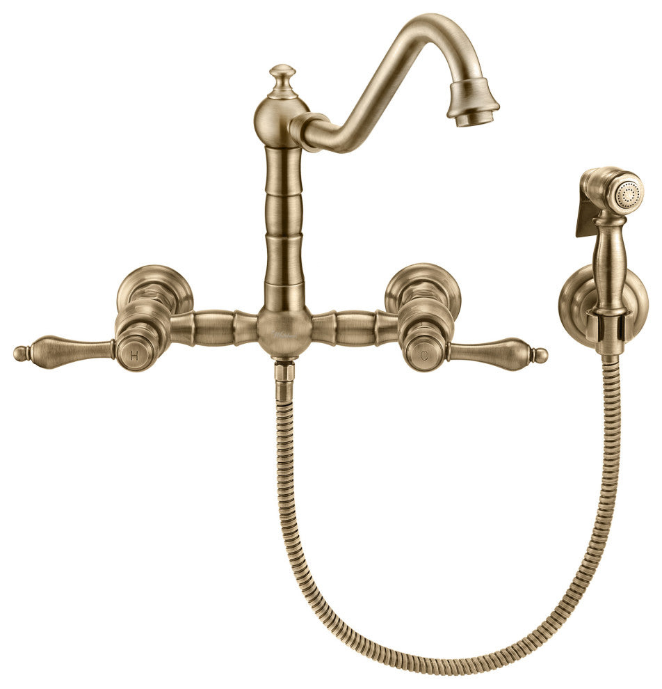 Whitehaus WHKWLV3-9402-NT-AB Antique Brass Wall Mount Faucet With Side Spray