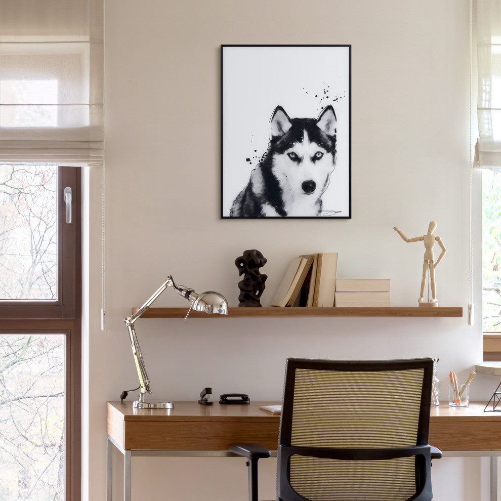 "Siberian Husky" Black and White Pet Art on Printed Glass with Anodized Frame