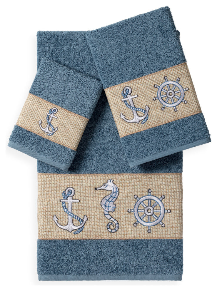 100% Turkish Cotton Easton 3-Piece Embellished Towel Set, Teal Blue