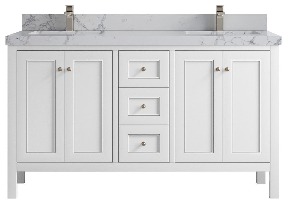 Nashville 60" Double Bathroom Vanity, White 2" Venatino Quartz