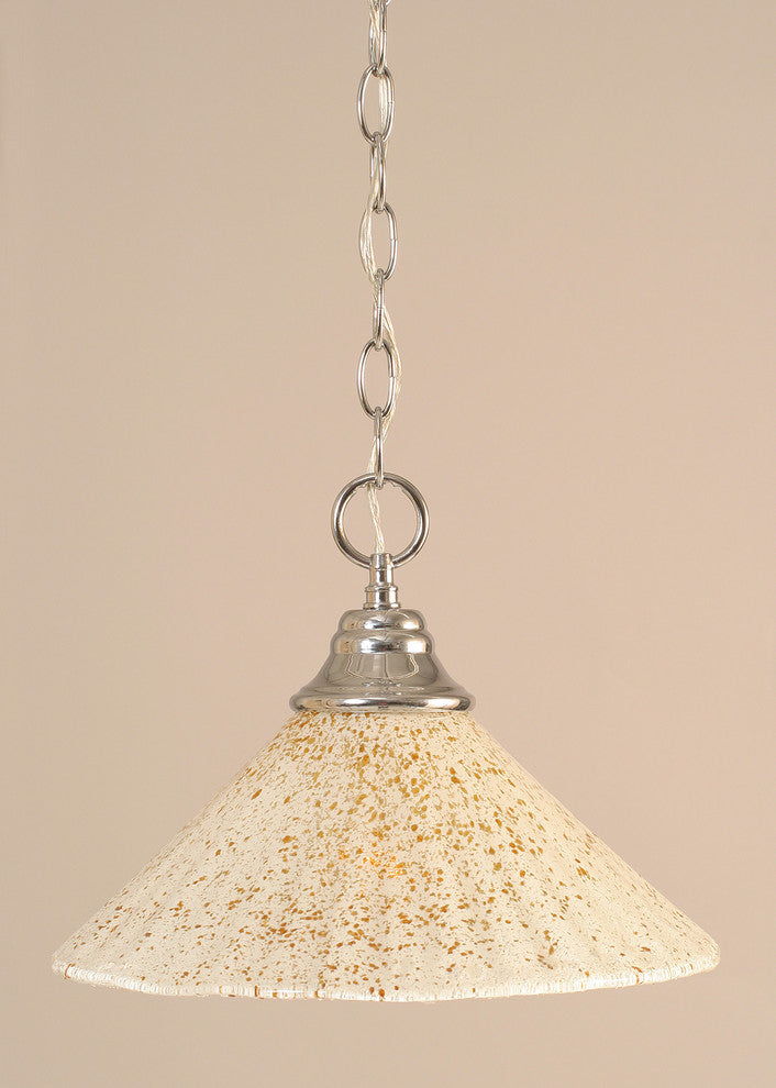 Chain Hung Pendant In Chrome, 12" Gold Ice Glass