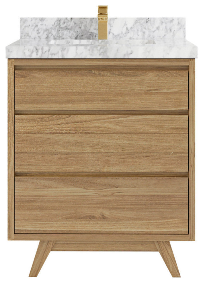 Madison  Teak 30 Single Sink Bath Vanity Golden Teak 2" Carrara Marble