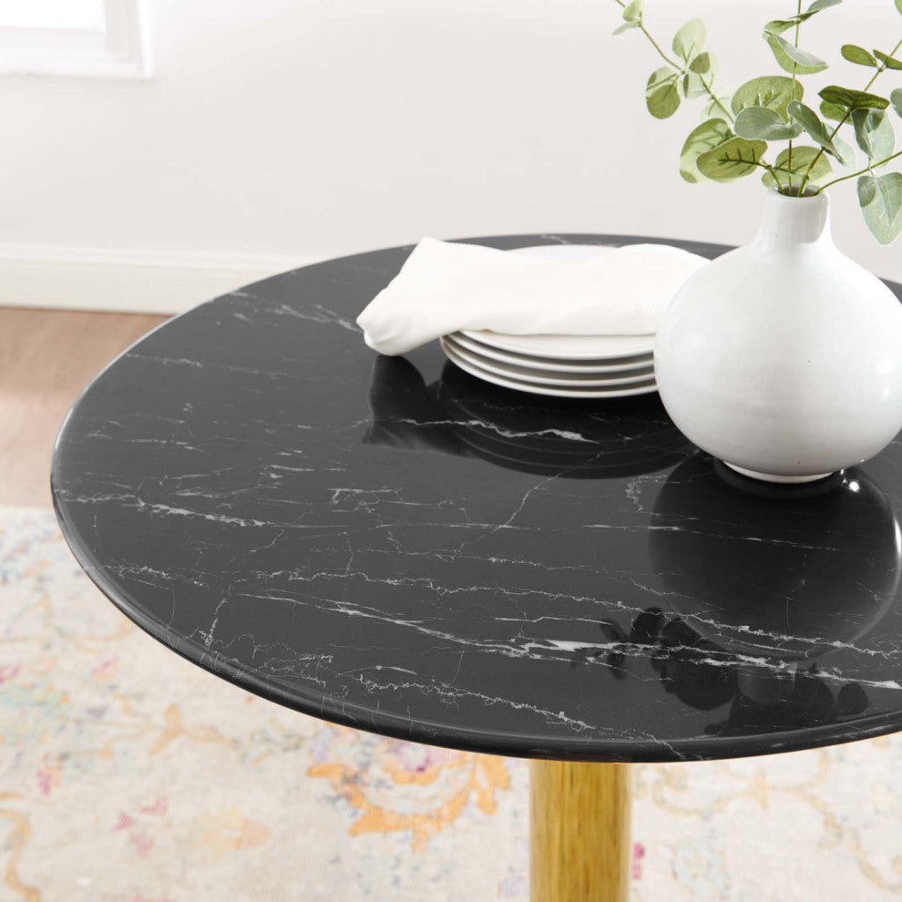 28" Dining Table, Round, Black Gold, Artificial Marble, Modern, Mid Century