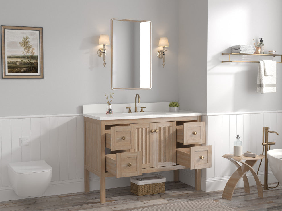 Modern Light Oak Sera Bathroom Vanity With White Quartz Top, 48" Single Sink