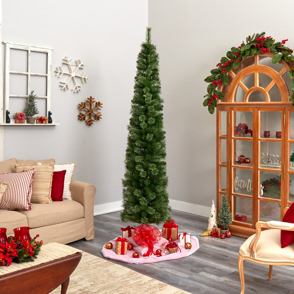 8' Green Pencil Faux Xmas Tree W/Clear, Multifunction Lights & Bendable Branches