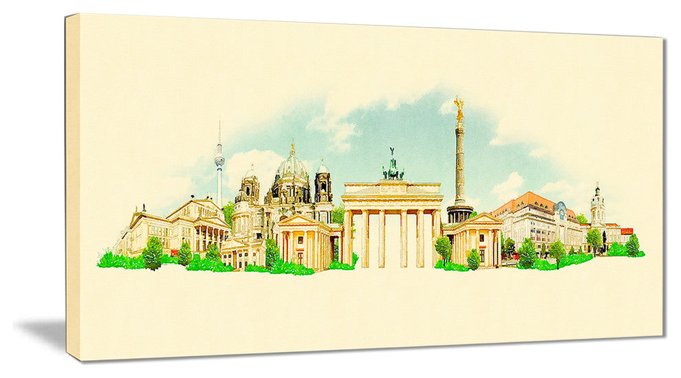 "Berlin Panoramic View" Cityscape Watercolor Canvas Print, 40"x20"