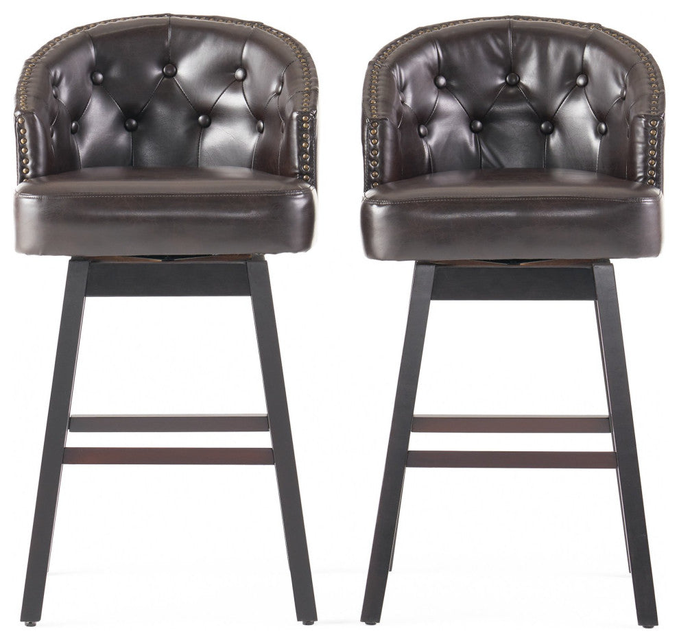 Set of 2 Bar Stool, Oversized Seat With Curved Button Tufted Back & Sloped Arms