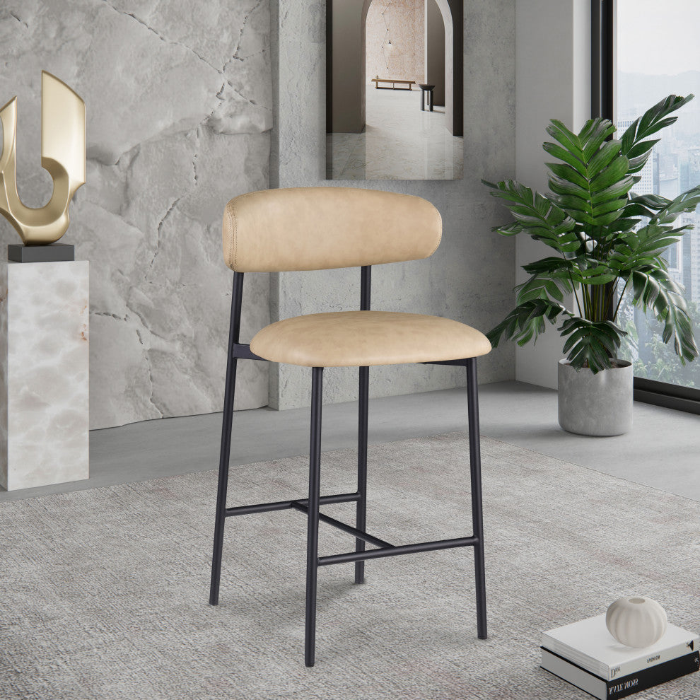 Lupita Upholstered Counter Stool, Tan, Vegan Leather, Matte Black, Set of 2