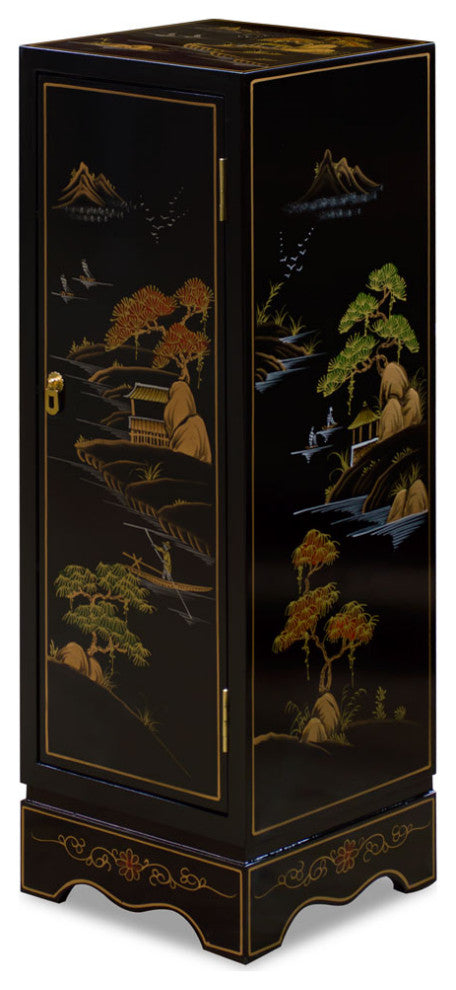 Black Lacquer Chinoiserie Chinese Pedestal Cabinet