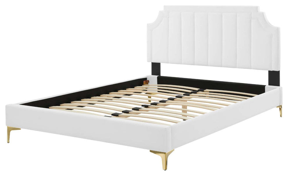 Platform Bed Frame, Queen Size, Velvet, White, Modern Contemporary, Bedroom