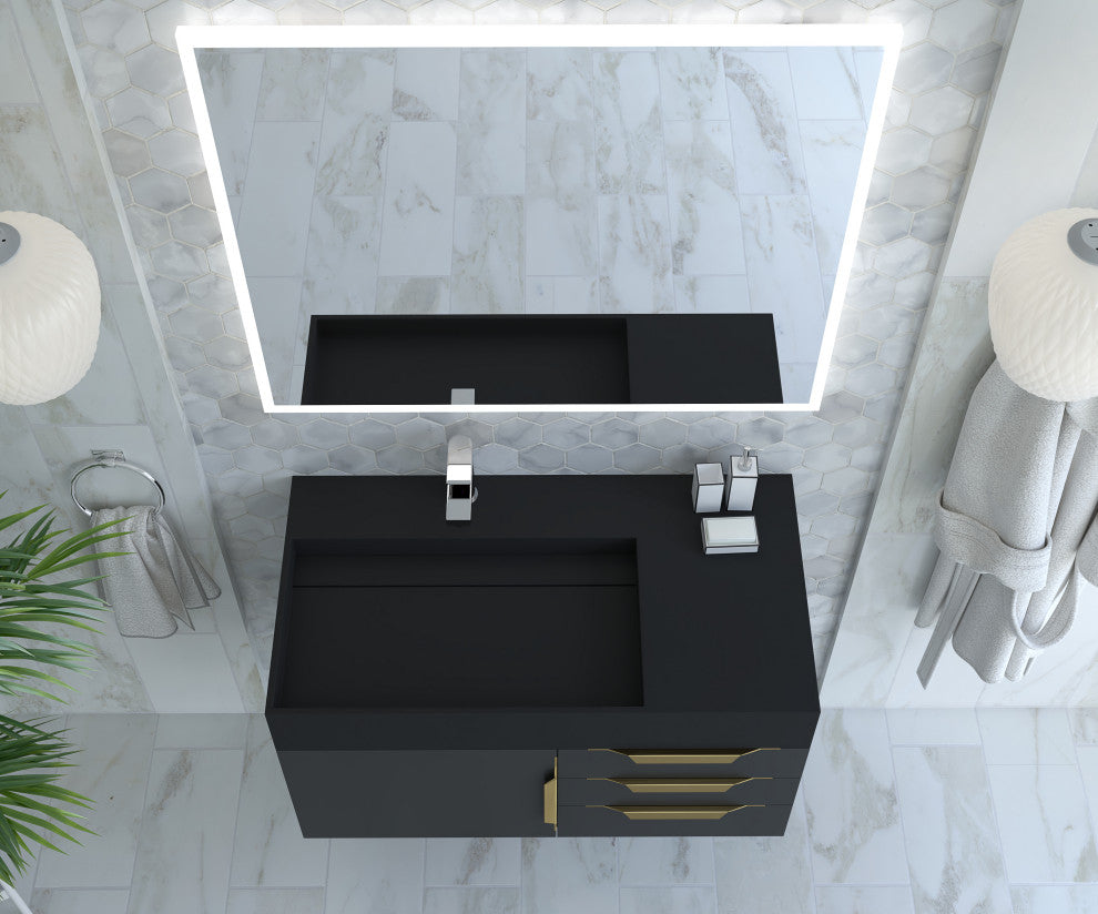 CastelloUSA Amazon 36" Wall Mount Vanity Set, Black, Black Top, Gold Handles