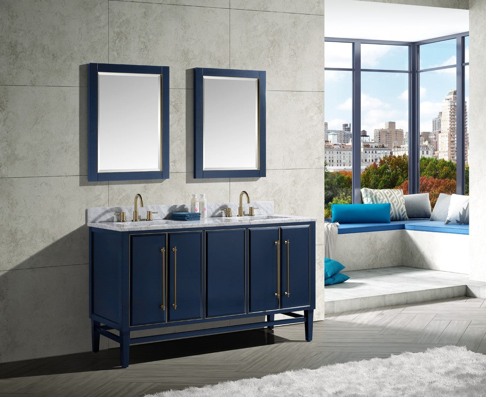 Mason 61" Vanity Combo, Navy Blue, Matte Gold Hardware / Natural 1" Carrara White Marble Countertop and Backsplash
