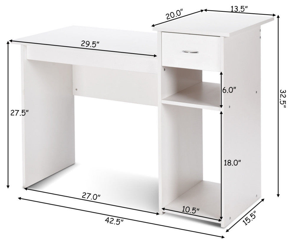 Costway Computer Desk PC Laptop Table w/Drawer & Shelf Home Office Furni White