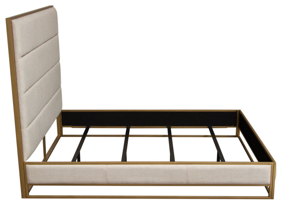 Empire Eastern King Bed, Sand Fabric With Hand brushed Gold Metal Frame