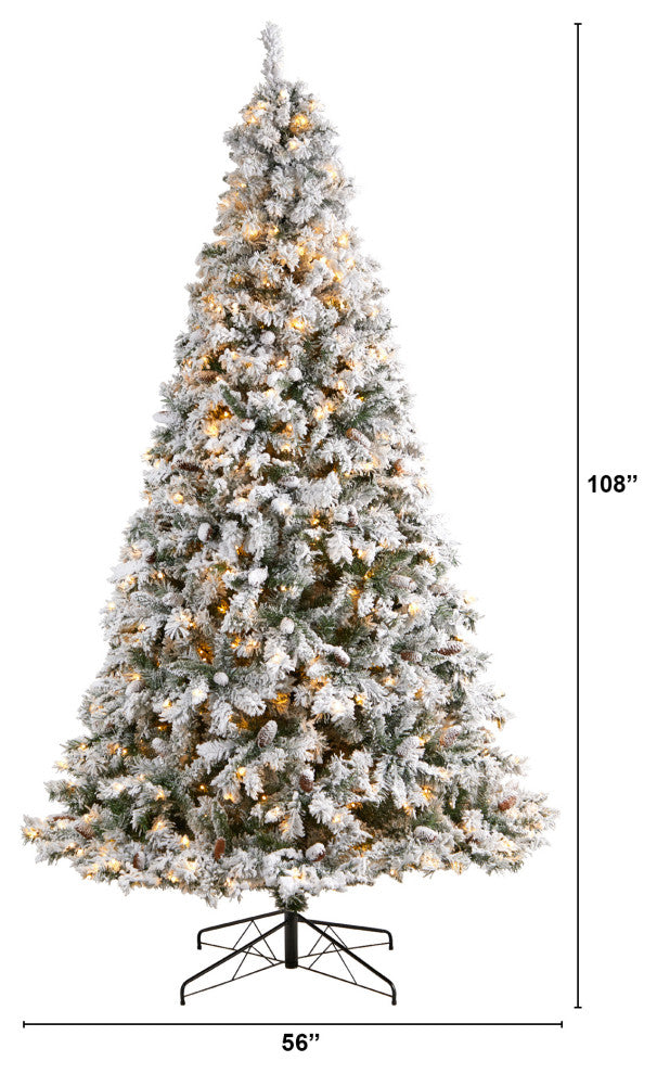 9' Flocked White River Mountain Pine Christmas Tree With Pinecones, 650 LEDs