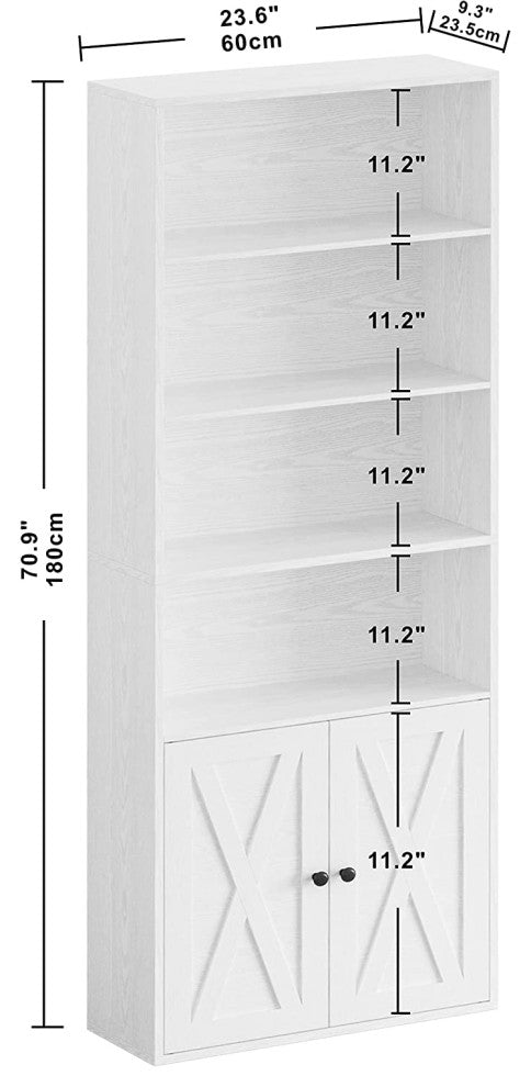 Industrial Bookshelf  with Doors Floor Standing 6 Storage Shelves 70 in White