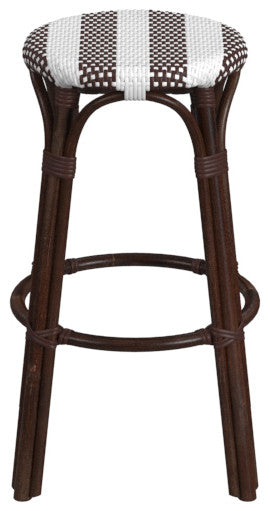 Tobias Round Rattan 30" Bar Stool, White and Brown Stripe