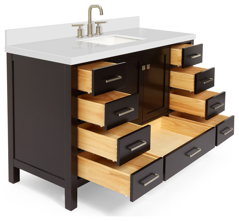 ARIEL Cambridge 55" Rectangle Sink Bathroom Vanity Quartz Top, No Mirror