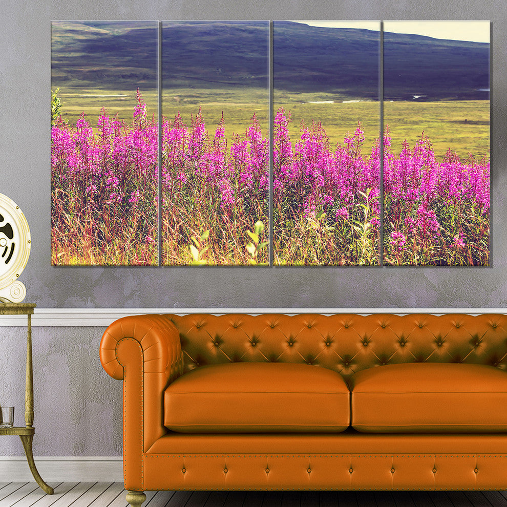 Purple Flowers in Mountain Pasture, Floral Canvas Art Print, 48"x28", 4 Panels