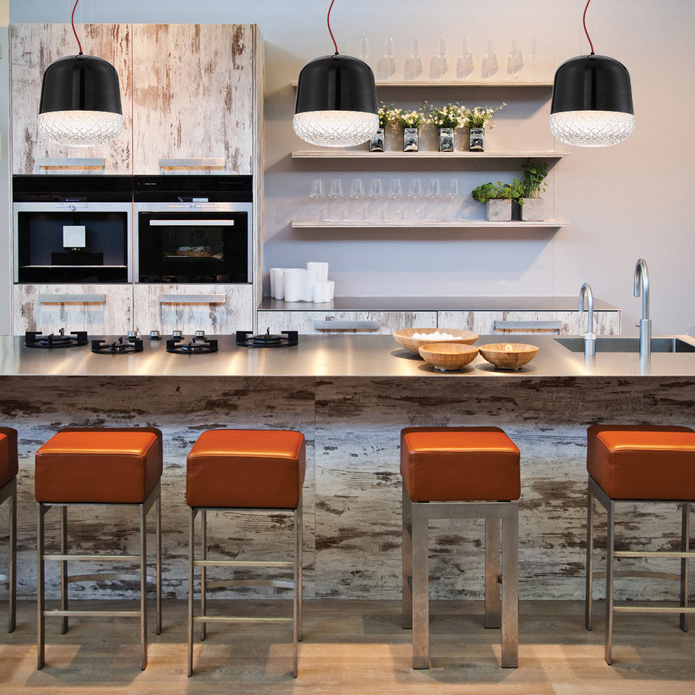 Corson Modern Light Pendant Polished Black Metal Shade With Casted Weave Glass